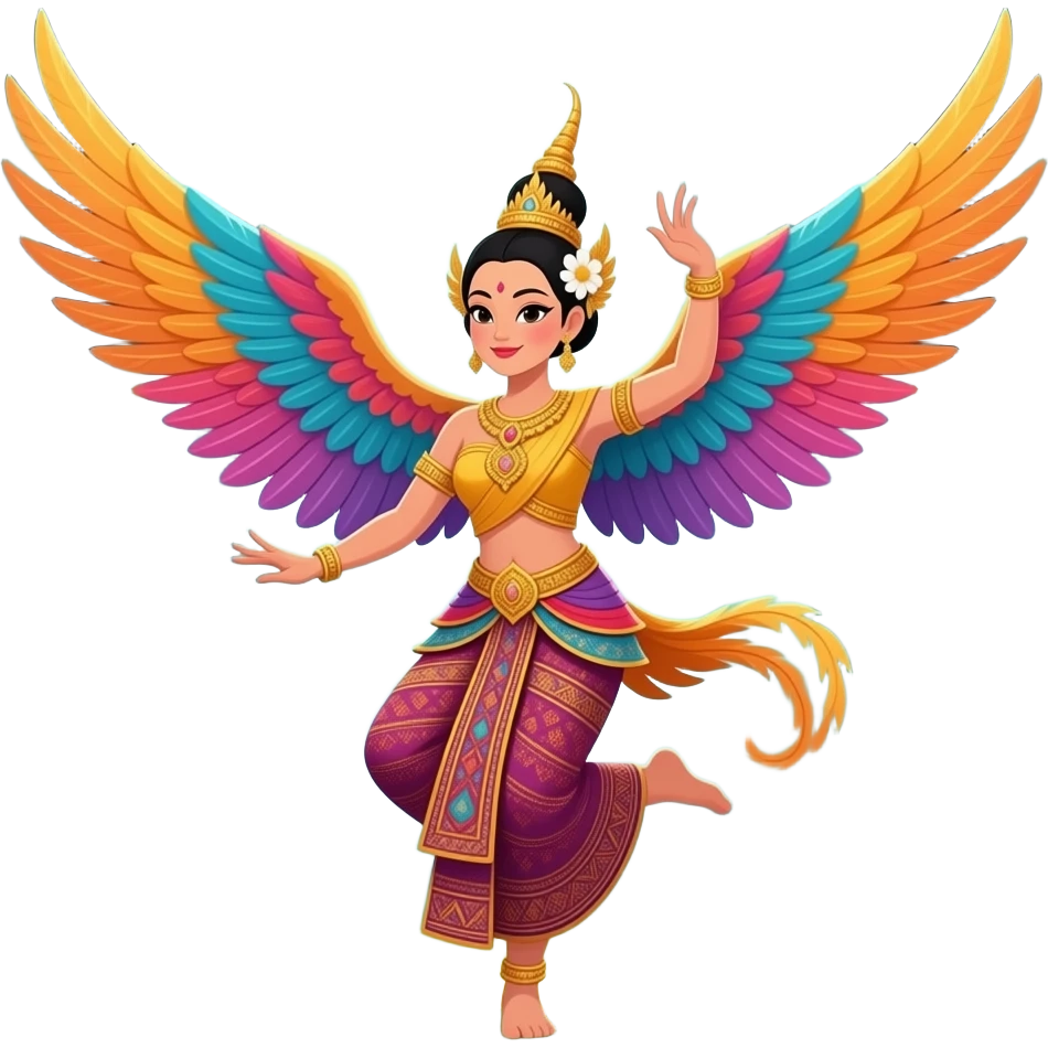 A Kinnari, mythical half-woman half-bird (Basic), simplified Thai traditional dancer pose, beautiful colorful wings, dancing gracefully, mystical forest background, card game style. emoji