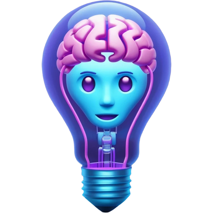 A stylized 3D emoji icon of a futuristic lightbulb. The filament inside is a glowing digital brain structure. The colors are a gradient of electric blue and purple neon light, with glowing edges. Minimalist, digital art aesthetic, emoji