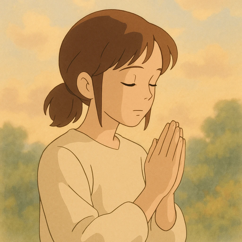 ghibli style person praying with soft background emoji