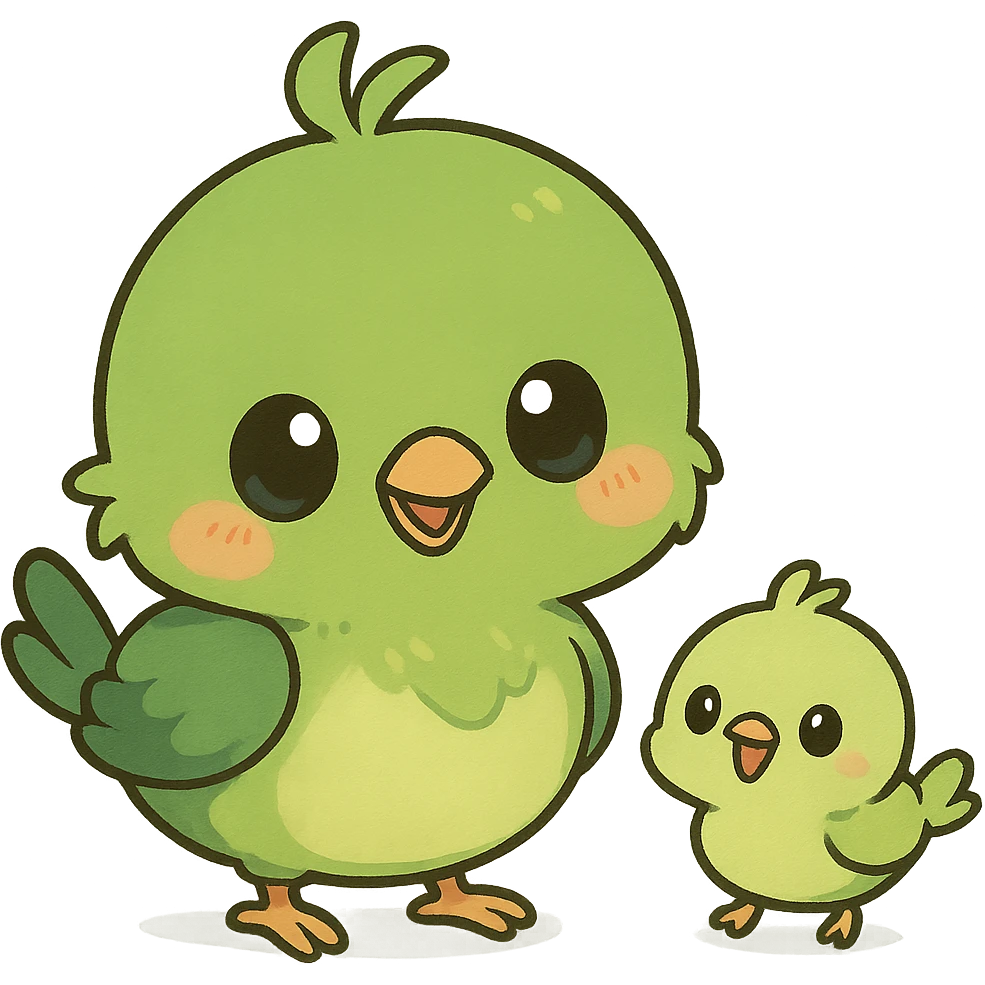 green chibi anime bird with a tiny friend, both cute and playful, chibi anime style emoji