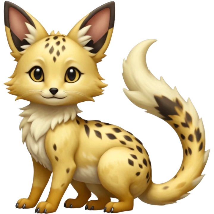 Shiny whitish golden brown fluffy furry hyper realistic lifelike beautiful pretty soft beige Goldilocks cream-colored Celestial Salandit-Umbreon-Genet-Noivern-Noibat-Serval-Hybrid (Full body) emoji
