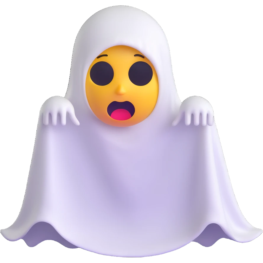 yellow emoji with terrified expression dressed as a ghost with white sheet and cut-out eyes emoji