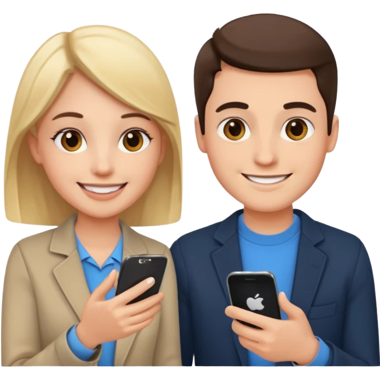 two people smiling and holding out their smartphones to exchange contacts emoji