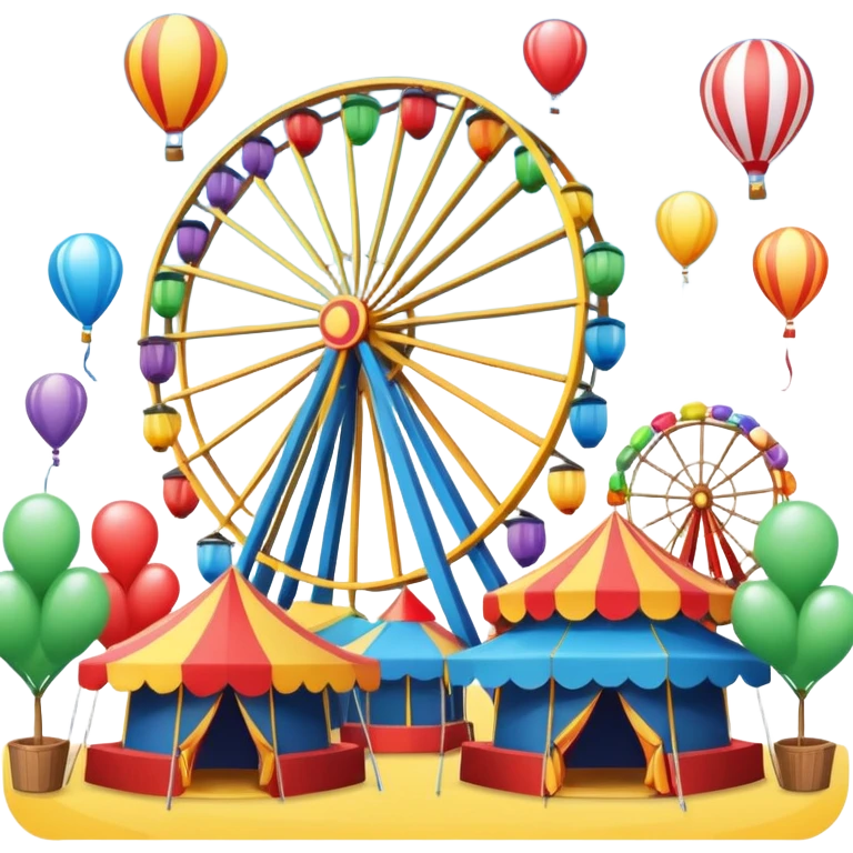 A vibrant festival scene with colorful tents, balloons, and a Ferris wheel emoji
