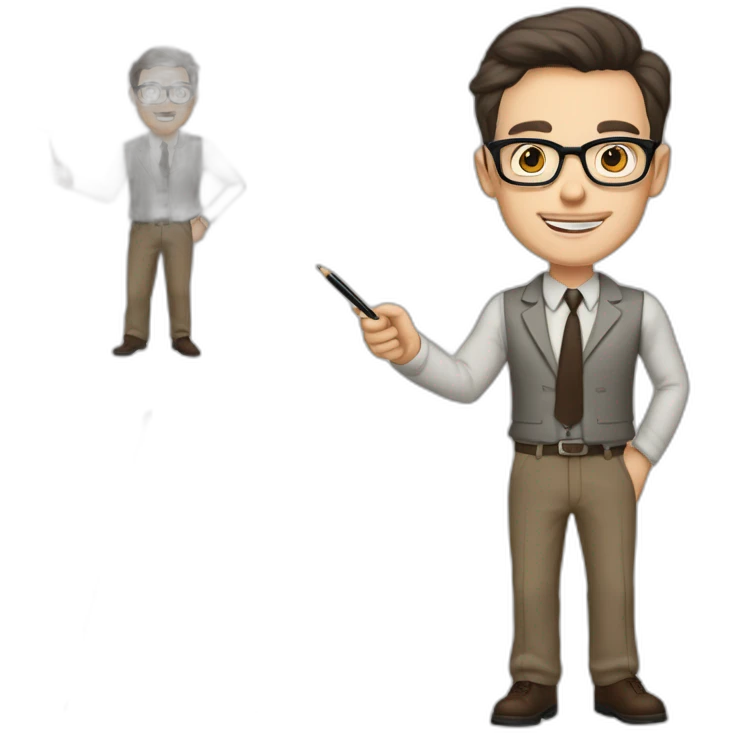 Pale skinned fit man with dark brown hair in gray jacket, beige office shirt, brown tie, brown pants and vintage glasses Writing text on the flipchart emoji