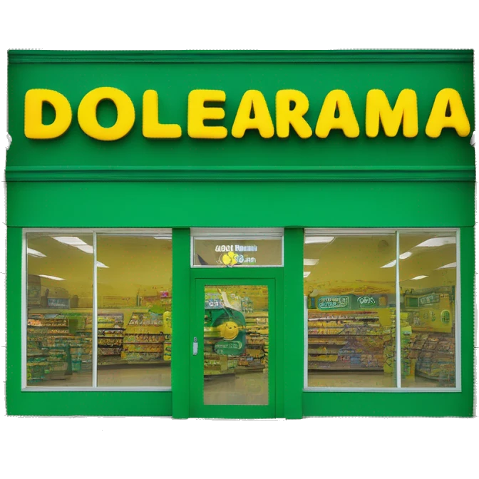 “Exterior of a Dollarama store with the bright green facade, bold yellow Dollarama sign, large front windows, and entrance doors, capturing the look of a budget-friendly retail store.” emoji