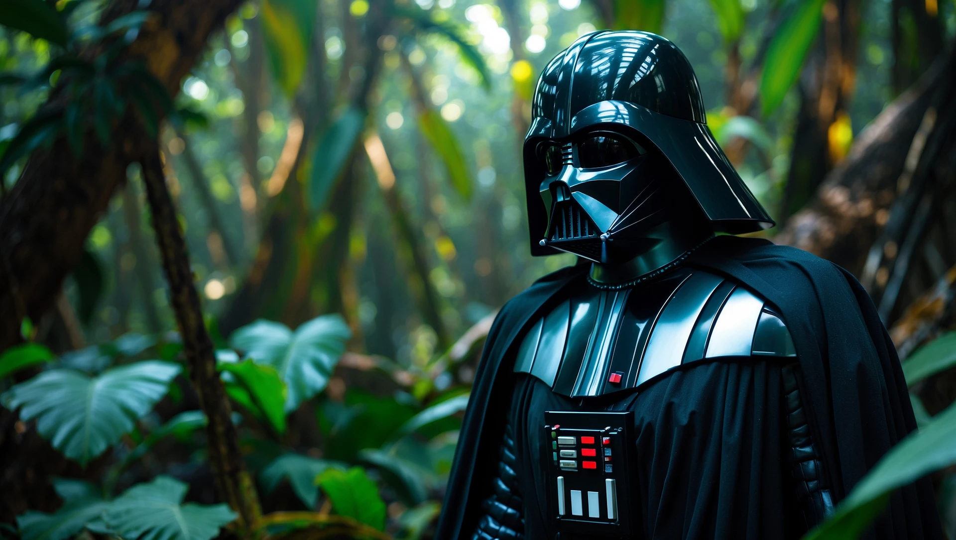 cinematic still, documentary photography, amazon jungle, well lit scene, Darth Vader is exploring the jungle, close up, front shot, rule of thirds emoji
