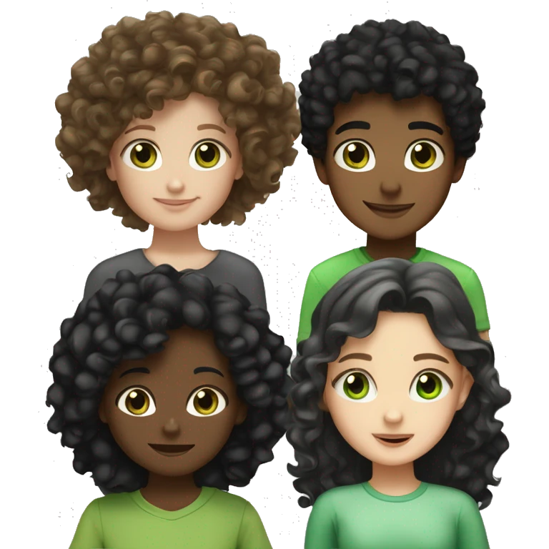 pretty white girl with curly black hair and brown eyes, a 6-year-old boy with black hair and green eyes, and a 13-year-old girl with curly blonde hair and brown eyes emoji