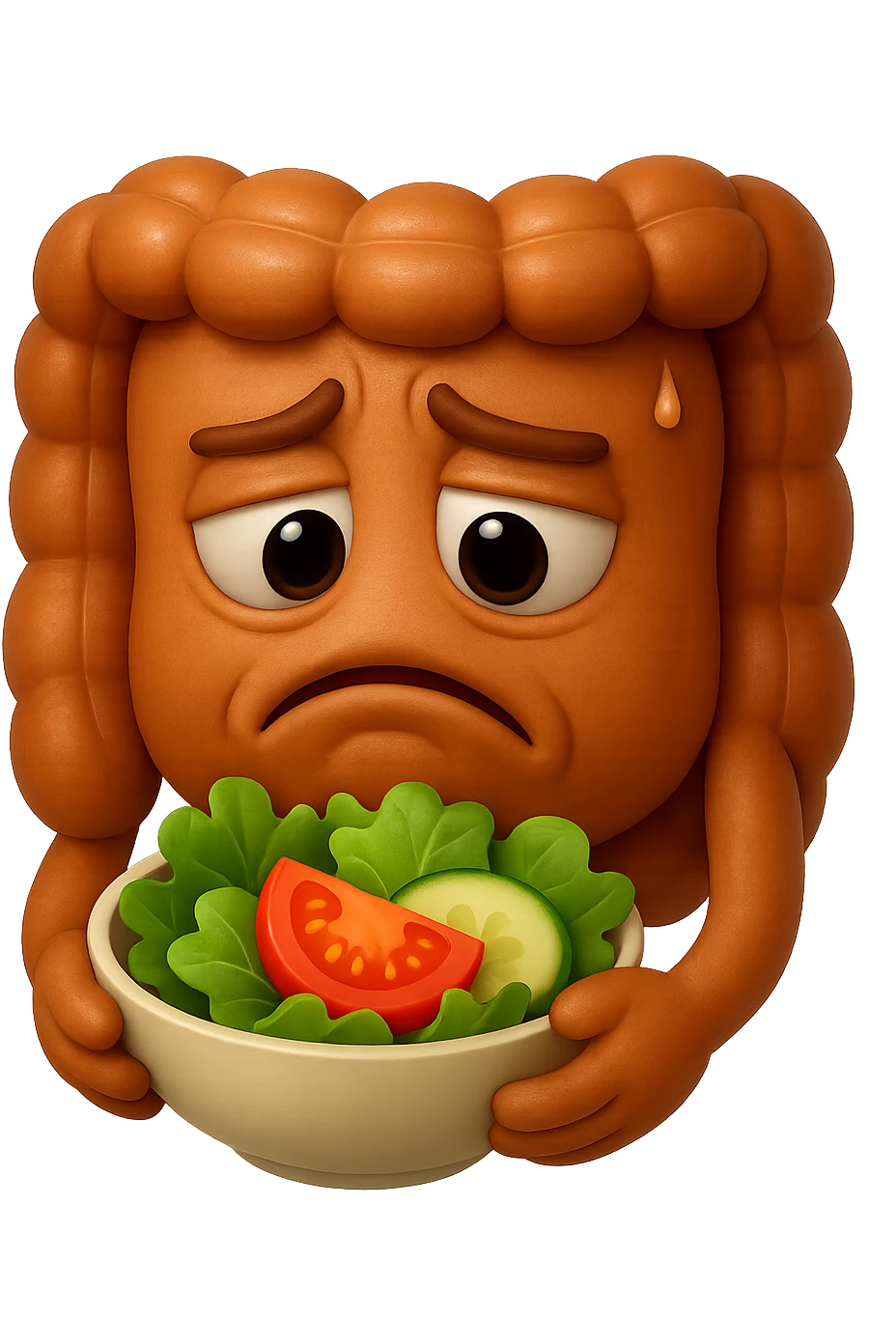 EMOJI STILE IPHONE DI UN INTESTINO UMANO ANATOMICO CHE GUARDA UN INSALATA CON ESPRESSIONE TRISTE E RASSEGNATA IN VOLTO: SOFFRE LA FAME PERCHé è A DIETA, FAGLI ANCHE LA PARTE BIANCA DEGLI OCCHI, NON SOLO LE PUPILLE, IPERREALISTICO 4K emoji