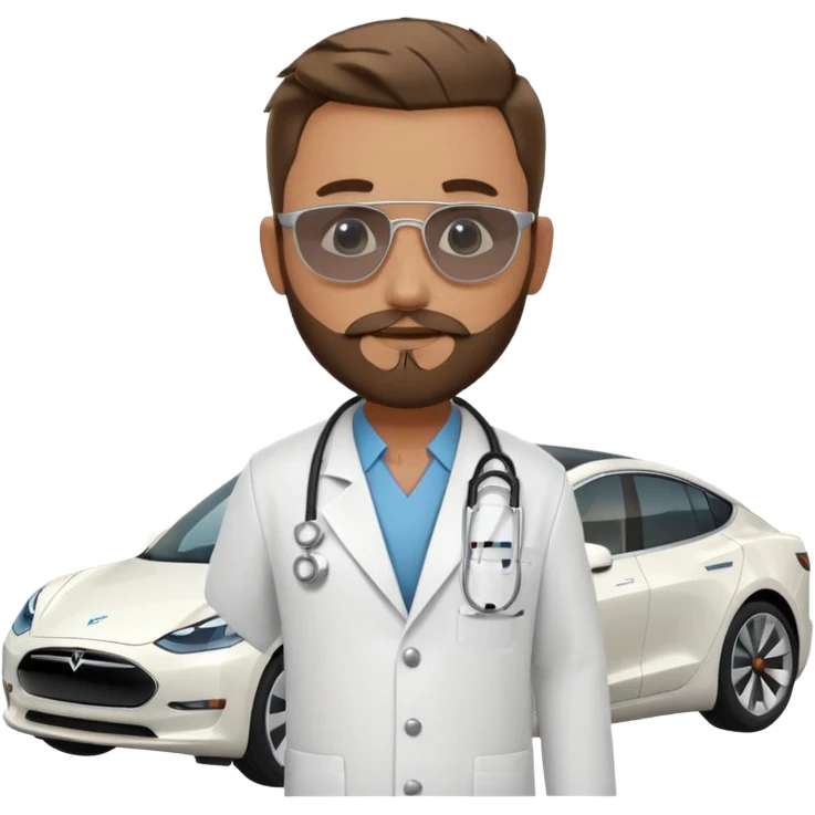 White tesla model 3 and one cool physician with dark blond hair, beard, stetoscope and dark sunglasses next to it emoji