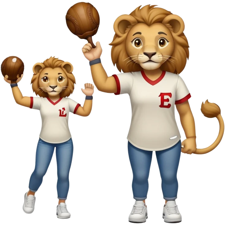 confident anthropomorphised female lion wearing a baseball shirt, jeans, and trainers, lifting an object emoji