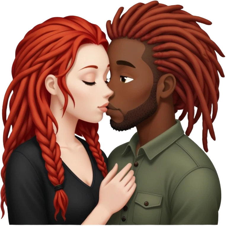Mulher de cabelos ruivos e pele branca. O homem tem dreads nos cabelos e é negro. Ambos se beijando.  emoji