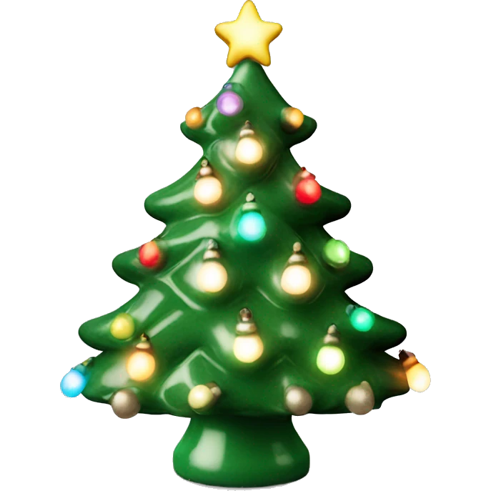 Green vintage ceramic Christmas tree with colored Christmas lights and snow  emoji