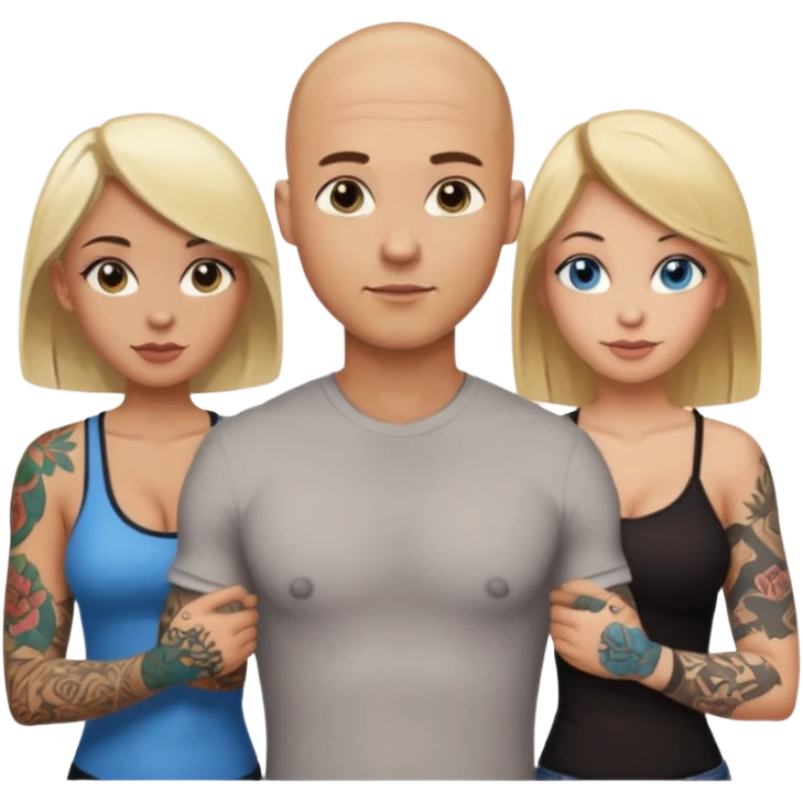 tattooed covered bald male with blonde haired blue eyed big boob female with brunette haired brown eyed big boob female throuple  emoji