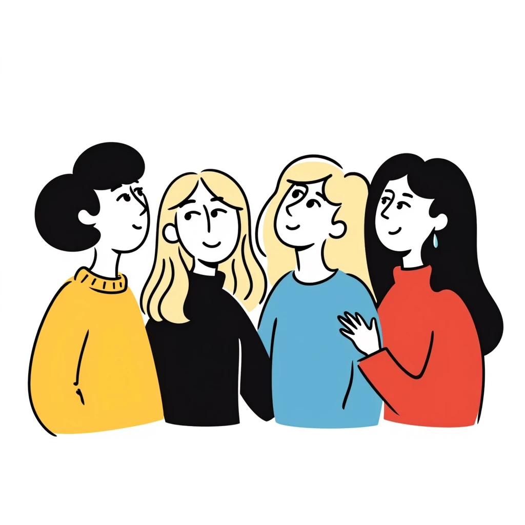 group portrait of four young female friends, 25 years old, up to waist, drawing style, no bangs, all with middle part hair. Body diversity: chubby blonde, slim brunette, normal weight blonde with long wavy hair, slim brunette with very long hair. Neutral background, cheerful attitude. emoji