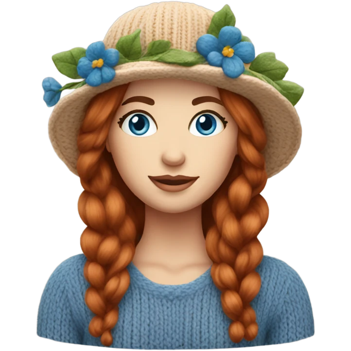 beautiful finnish auburn hair woman with blue eyes knitting floral hat emoji