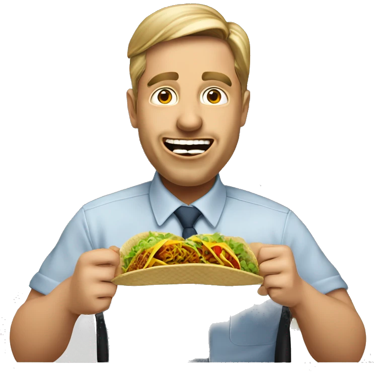 A Chief Operating Officer (COO) making a hilarious, exaggerated funny face while eating tacos, in a modern office setting. emoji
