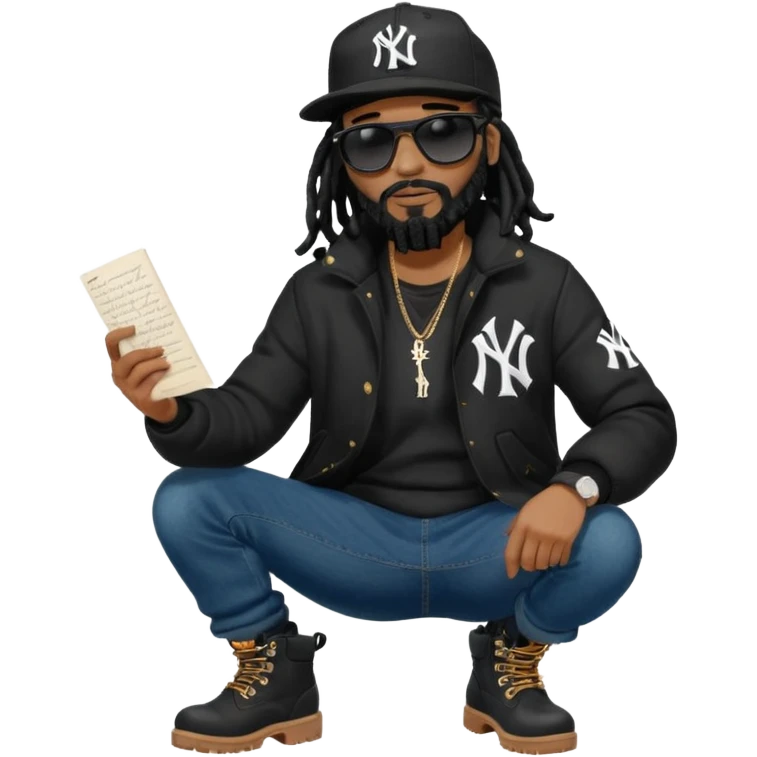 African American man with shoulder length black dreadlocks with black beard wearing black sunglasses wearing a black New York Yankees logo baseball cap wearing a black bubble winter coat with denim skinny jeans and wheat timberland boots writing a letter emoji