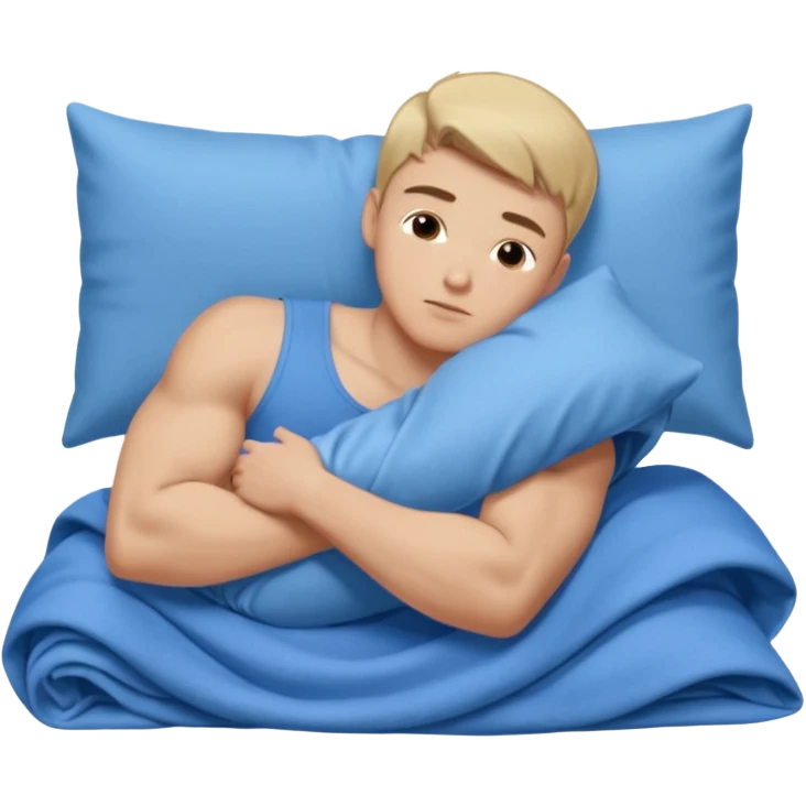 A young muscular male with short dark-blonde hair, medium-light skin, and a neutral expression, dressed in blue cloth. He lies on his side, arms around a soft white pillow, with his head on a smooth blue pillow. A flowing blue blanket covers him in silky folds. emoji