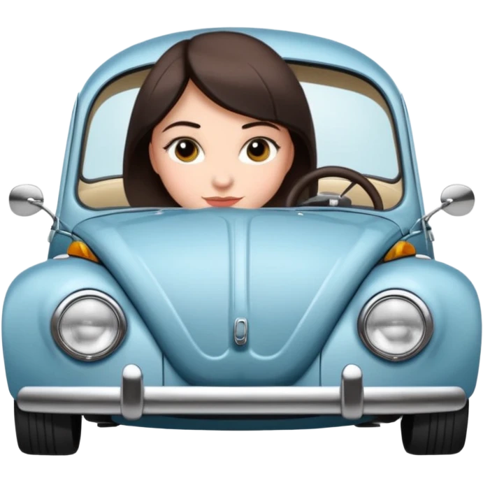 Pretty, sexy, slightly curvy white woman with short dark brown hair, driving a VW beetle emoji