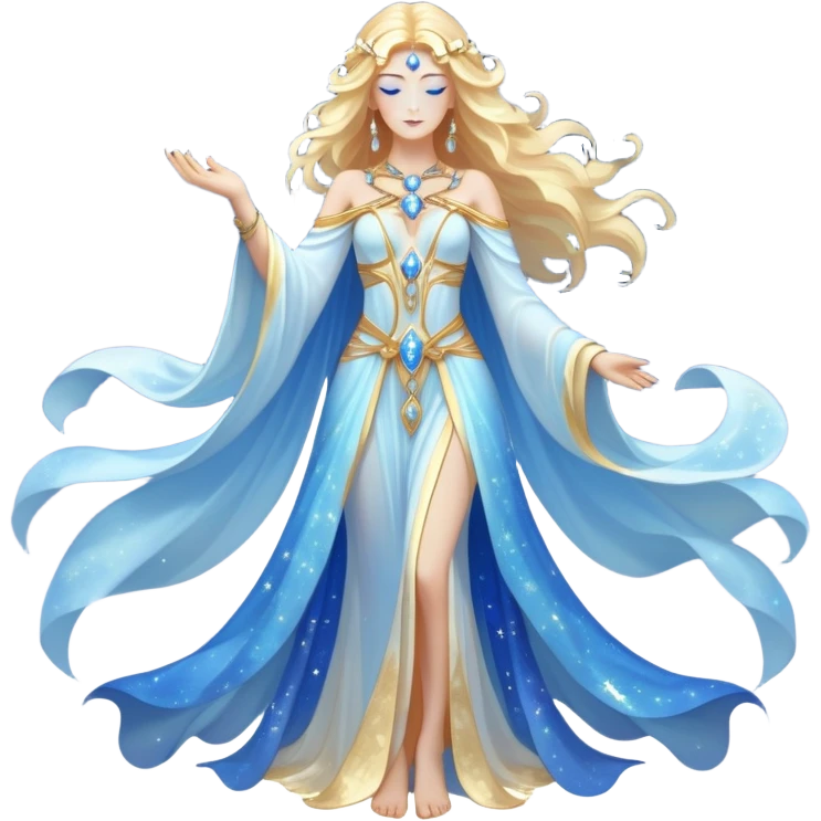 fullbody universe goddess Sophia, Ethereal Light Being, Made of starlight and fractals, Glowing white/gold skin with flowing translucent robes, Hair blue like galaxy mist, Jewelry made of stars and crystals emoji