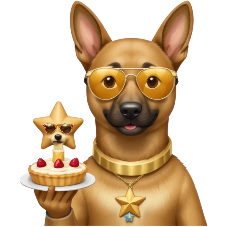 malinois dog wearing star sunglasses, holding a flan dessert with a SaintéLyon medal around the flan's neck, emoji style emoji