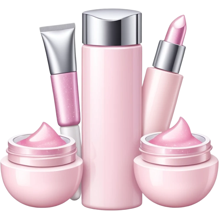 three white standing beauty products, sparkles around emoji