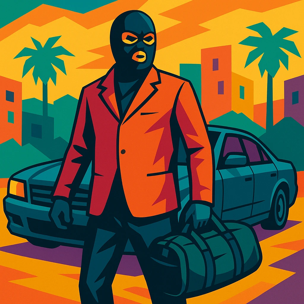 GTA5 style character, masked, holding a duffel bag, standing in front of a getaway car, vibrant toon style emoji