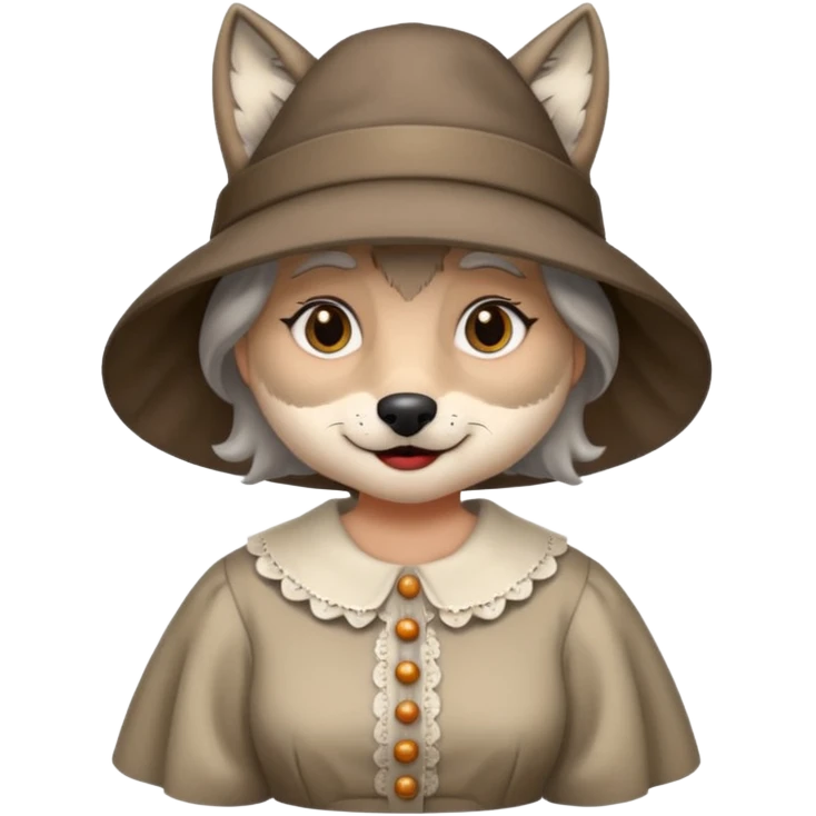 The big bad wolf is wearing Grandma's clothes and a hat, yet its face still looks like a wolf's. emoji