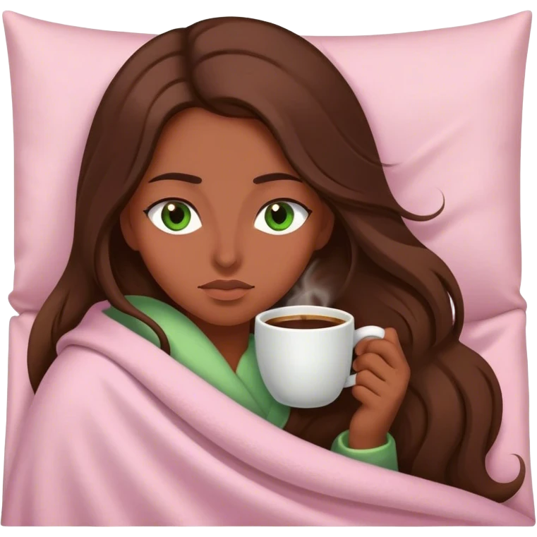 woman with very long brown hair and green eyes in a light pink blanket sleepy with coffee emoji