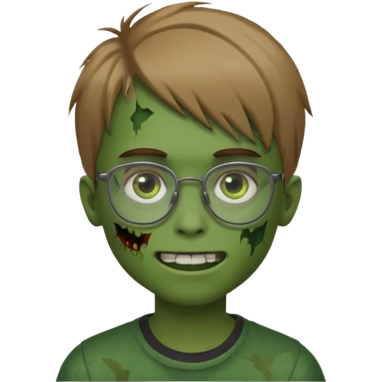 boy zombie with light brown emo hair and green skin and glasses and corner smile emoji