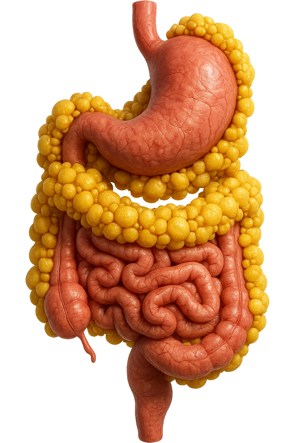 STOMACO E INTESTINO SONO VERTICALMENTE COLLEGATI E INTORNO A QUESTI ORGANI CI SONO CELLULE DI GRASSO GIALLE ATTACCATE SOPRA A GRAPPOLI, IPERREALISTICO 4K emoji