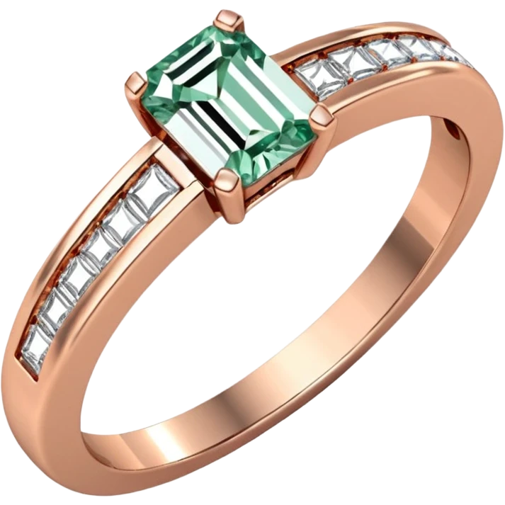 A rose gold, emerald cut diamond engagement ring. The band is a half eternity band emoji