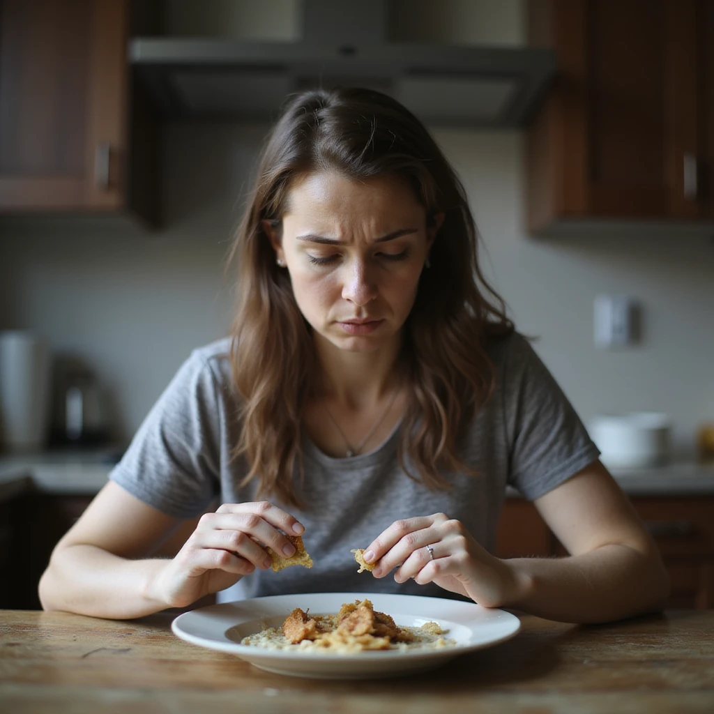 adult woman following an extremely restrictive diet, looking sad or fatigued in front of a plate with very little food, realistic or semi-realistic style, emotional atmosphere, natural details, kitchen or table environment emoji