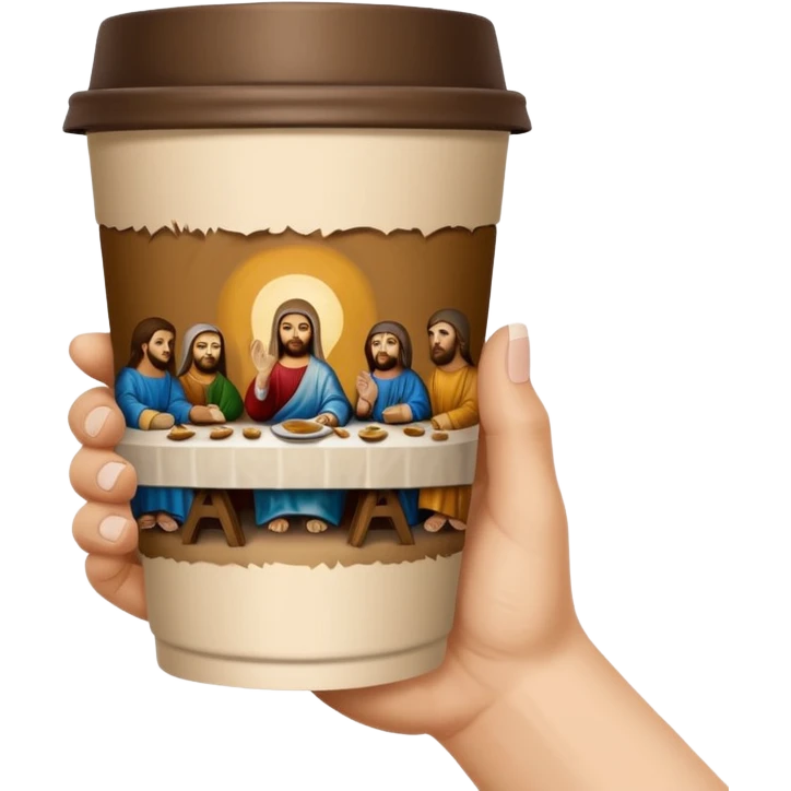 una mano con un bicchiere di carta con dipinto sopra l'ultima cena emoji