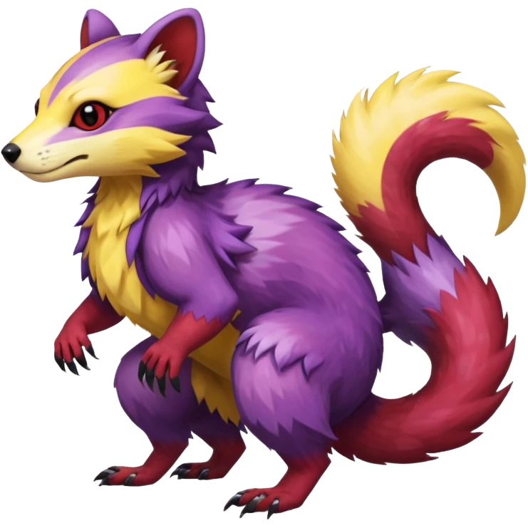 Purple, red, yellow Trico-Sergal-Furret-Ferret-Wolverine-Vernid-fusion-Fakemon-animal-hybrid-creature, full body emoji