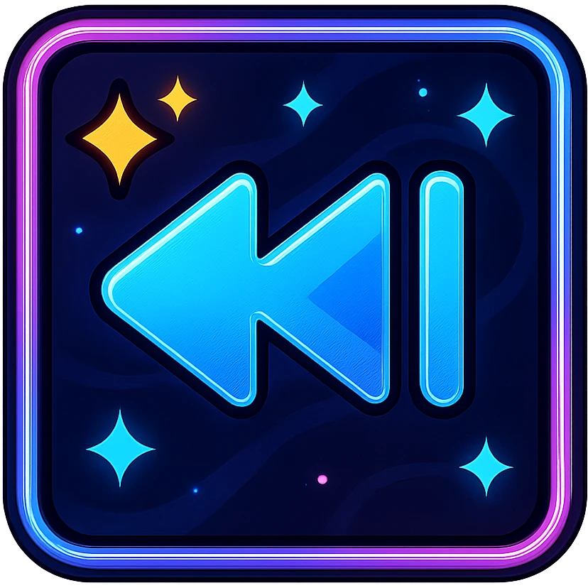 animated previous song icon with dark purple, blue, and black base, bright accents, complex gradients, stars, bright neon border, modern clean previous song symbol, subtle glowing and moving stars neon effects, sophisticated futuristic style emoji