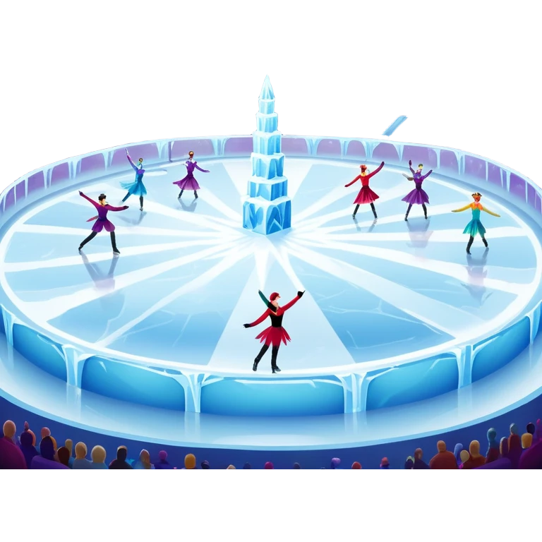 An icon of a theatrical ice show with costumed figure skaters performing a dramatic scene on a glowing ice stage. Spotlights, colorful scenery, and a cheering audience in a grand arena convey the magic and artistry of the ice performance. Transparent background included. emoji