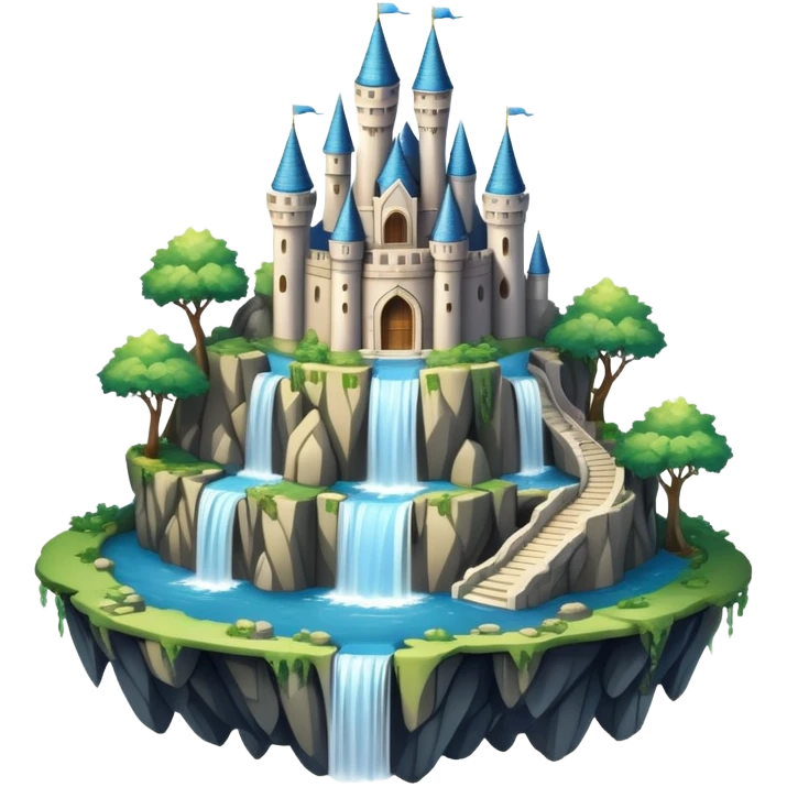 Fantasy castle on a floating island with waterfalls emoji