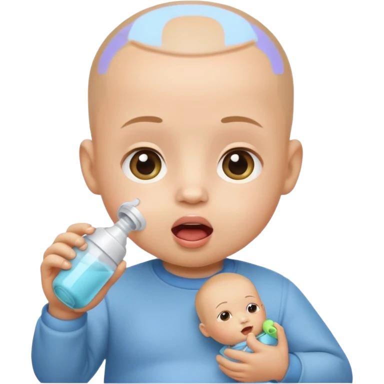 baby emoji with a clean-shaved head and a feeder (baby bottle) in its mouth emoji