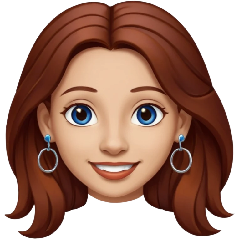 Create a custom emoji-style character inspired by a smiling woman with long dark reddish-brown hair, light skin tone, dark blue eyes, a nose piercing on each nostril, and hoop earrings. emoji