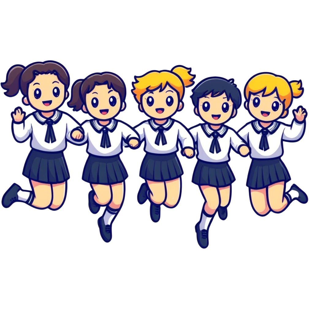 six girls in school uniforms jumping together emoji
