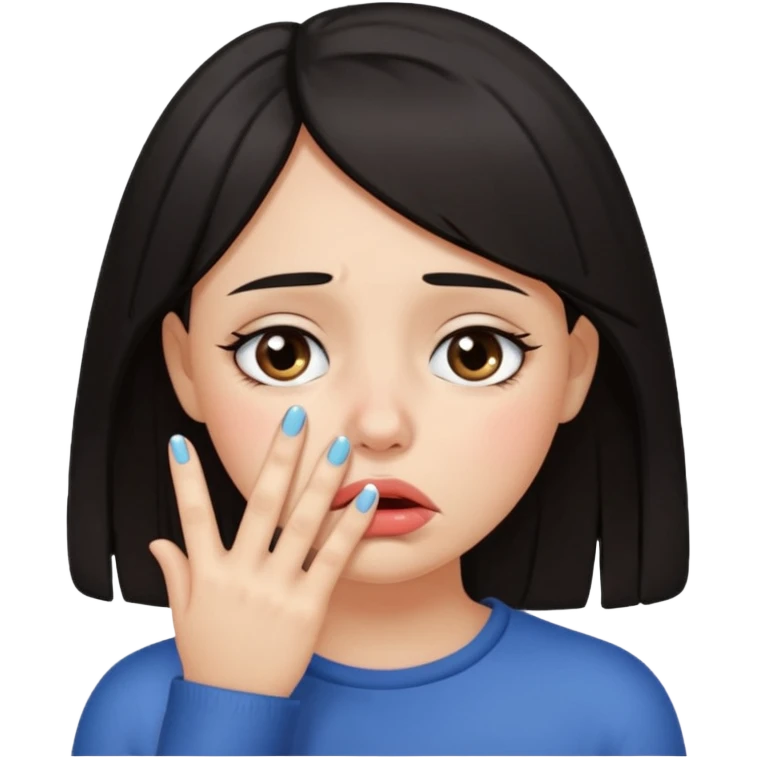 Dark haired girl with fingers in mouth and tears in eyes emoji
