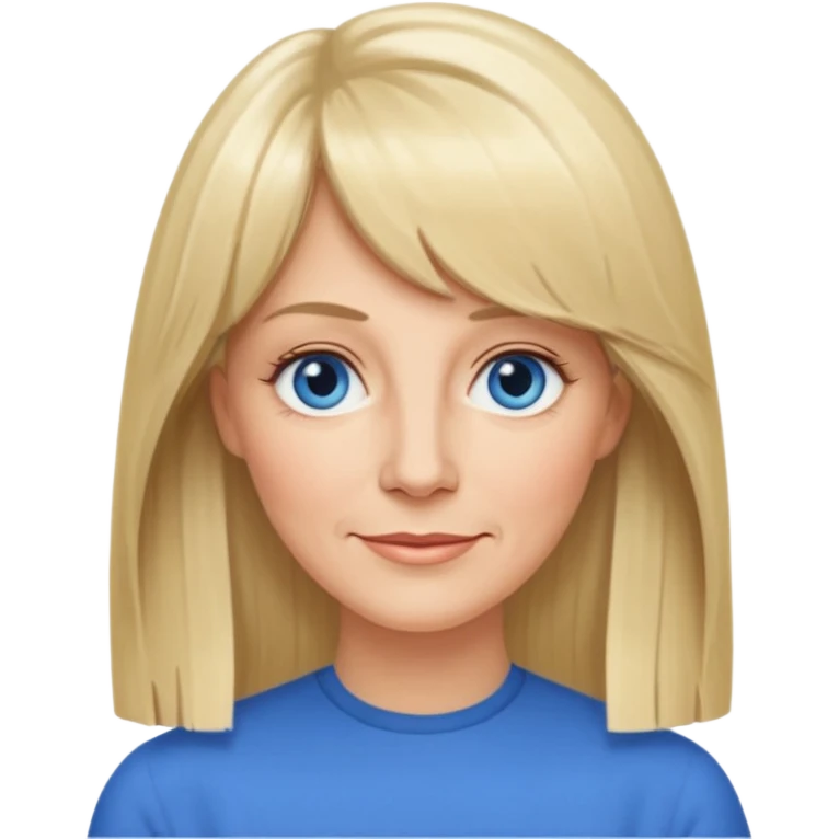 50 yr old white woman, curtain bangs, very long straight blond hair, oval face, small smile, blue eyes, thin face, hair down to elbows emoji