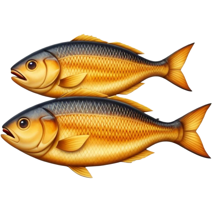 Gradele Cinematic Realistic Gradele Dish Emoji, depicted as 2 perfectly grilled fish with prominent grill marks and a smoky finish, rendered with vivid textures and dynamic, natural lighting. emoji