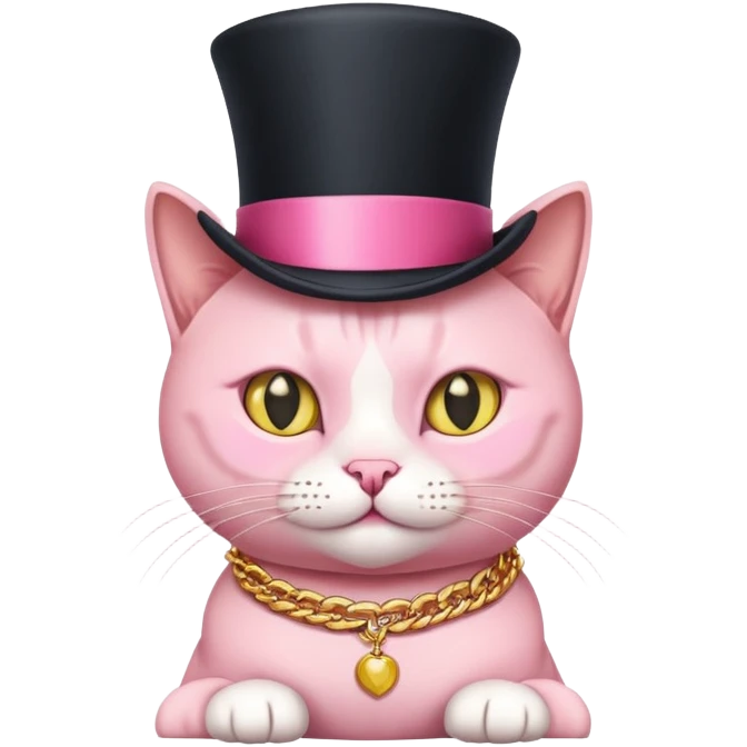Лысый розовый кот без волос в шляпе цилиндре и золотой цепью  emoji