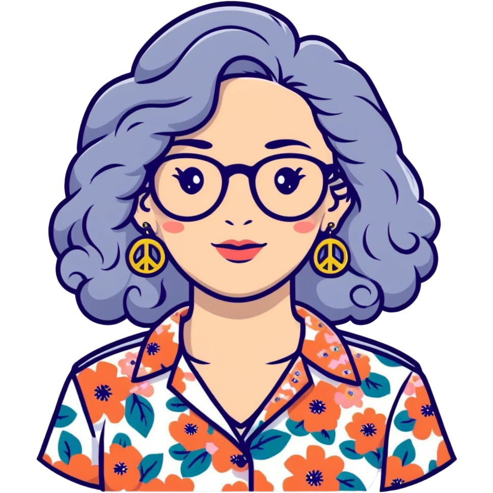 Hippie woman with long curly flowing gray hair and glasses wearing floral shirt and peace earrings emoji