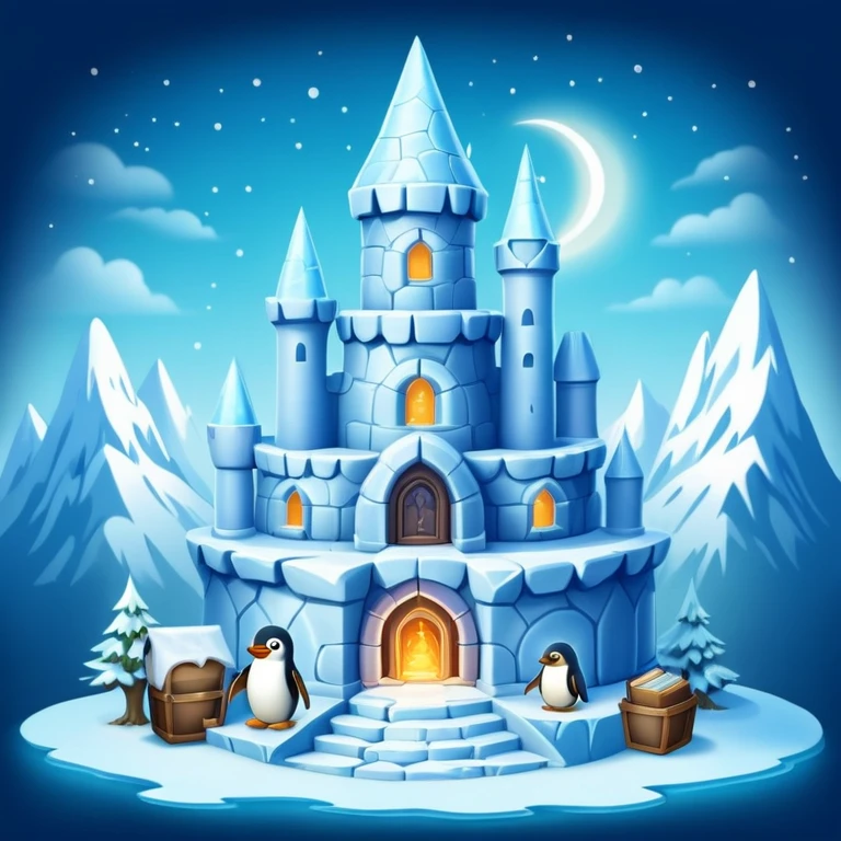 Ice castle wizard tower home for a penguin, magical igloo with spell books and potions emoji