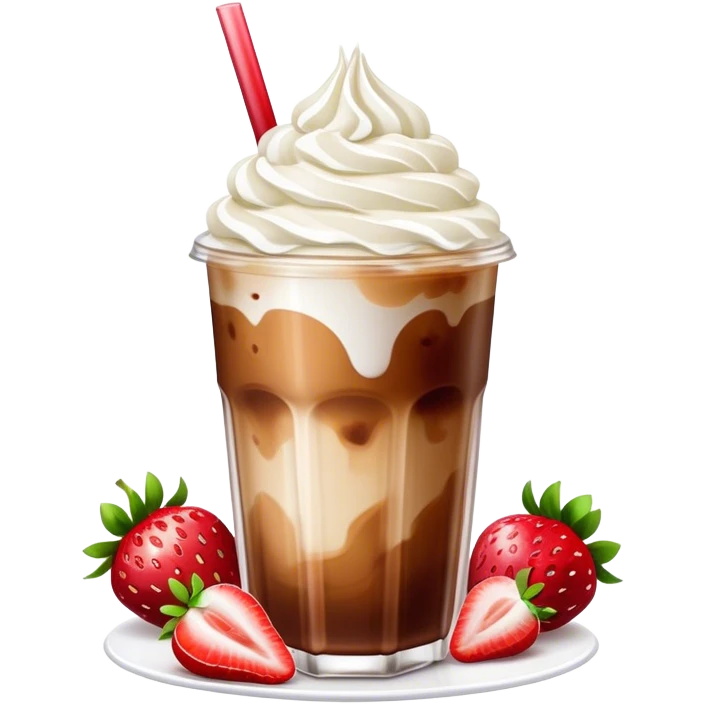 iced coffee drink with strawberry syrup, milk, whipped cream and strawberry pieces on top emoji