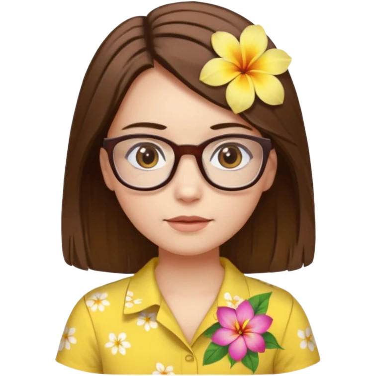 female with white skin. Shoulder length straight brown hair. Brown eyes with glasses. Hawaiian Flower in hair. Female wearing baby yellow shirt. emoji